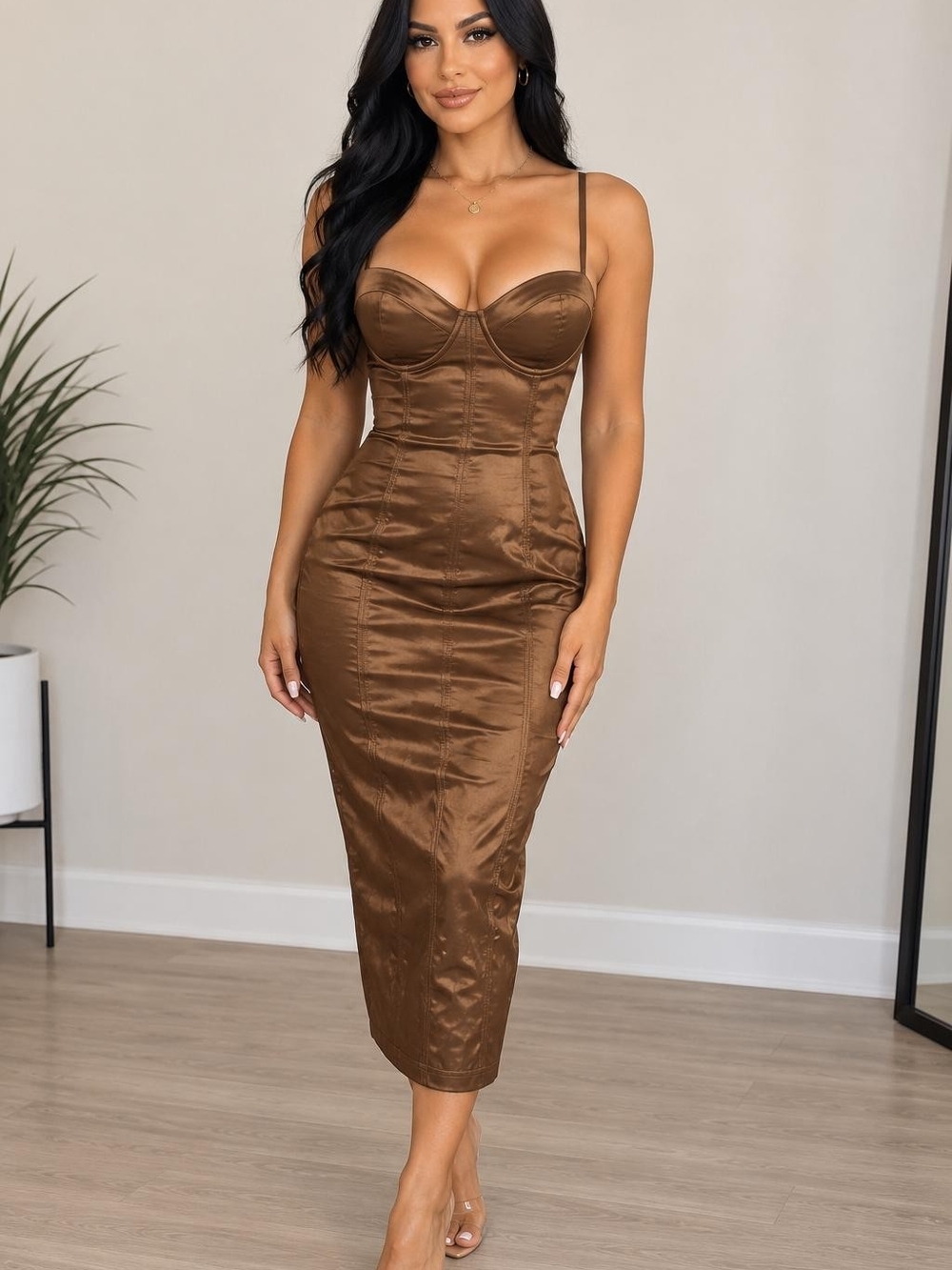 Fashion Nova Brown Satin Corset Midi Dress
